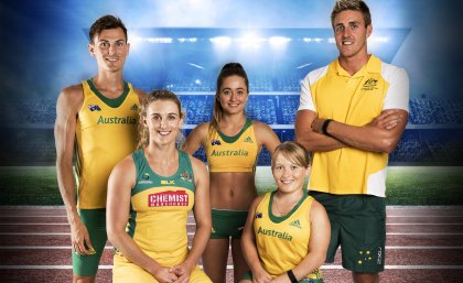 Back row, left to right: Dane Bird-Smith (athletics – race walking), Clara Smith (athletics – race walking), Brenden Hall (swimming). Front row, left to right: Gabrielle Simpson (netball), Kobie Donovan (athletics – shot put/javelin)